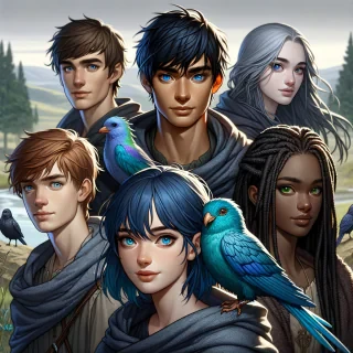 A group picture of five friends in landscape view, one of them being a 18 year old boy with brown hair and blue eyes wearing a gray cloak, another a 16 year old girl with turquoise eyes and midnight blue hair with a light blue feathered bird on her shoulder, another as a 16 year old girl with red-brown hair and green eyes flecked with gold, another being a 19 year old boy with black hair wearing red and silver eyes and has a scar that goes from his eye to his neck, and the last of them being a 17 year old girl with brown hair and grey eyes who wears a half cloak.