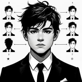 1boy, solo, male_focus, necktie, formal, black_hair, white_background, simple_background, suit, black_necktie, shirt, bags_under_eyes, collared_shirt, upper_body, black_eyes, closed_mouth, white_shirt, looking_to_the_side, monochrome, jacket, black_jacket, messy_hair