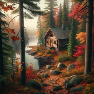 cabin in the autumn woods near misty lake shore with rocks misty atmosphere