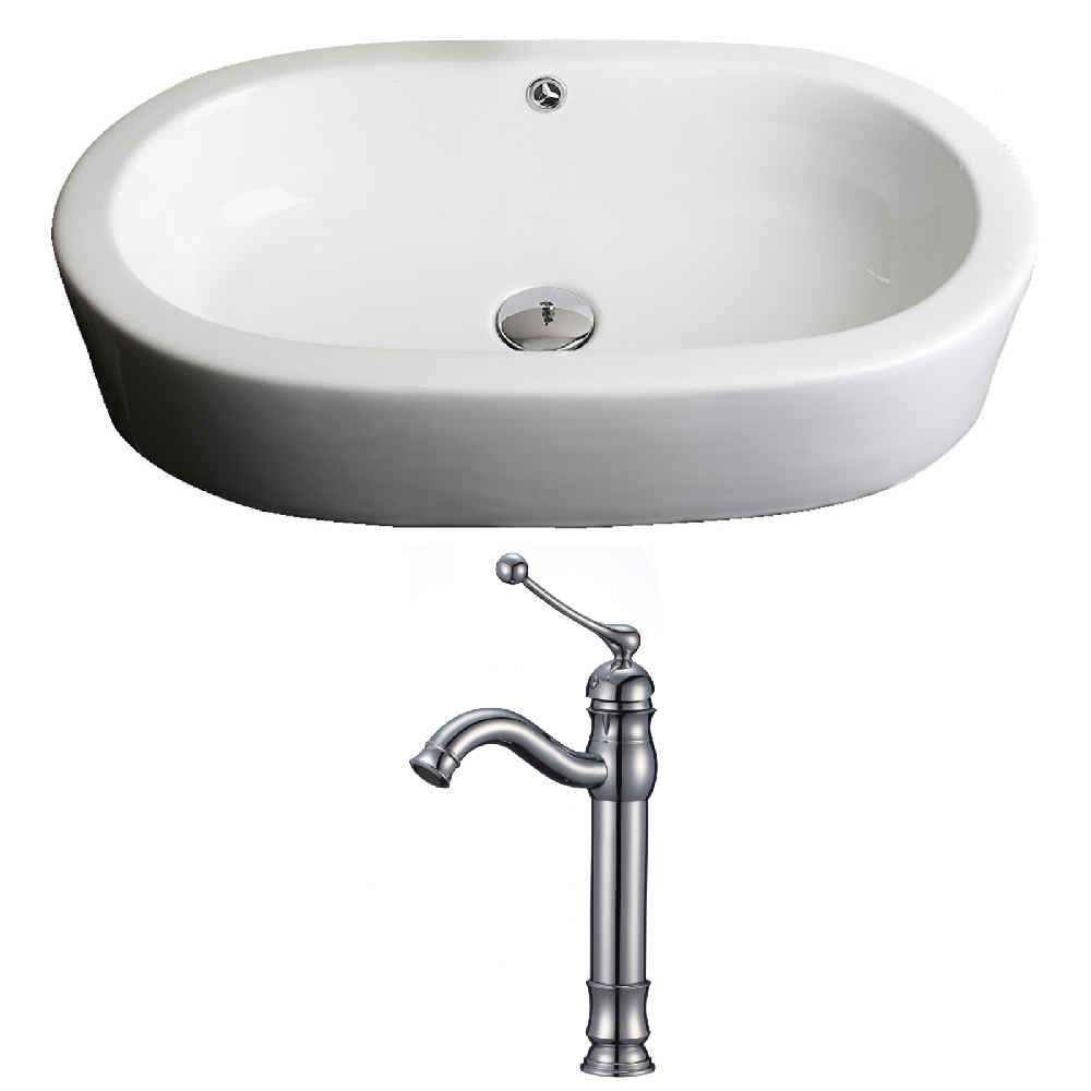 25.25-in. x 14.5-in. Oval Bathroom Vessel Sink Set White Enamel Glaze