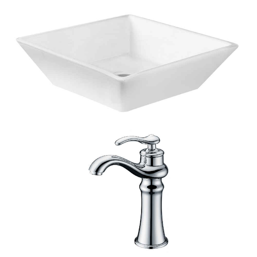 15.75-in. x 15.75-in. Square Bathroom Vessel Sink Set White Enamel Glaze