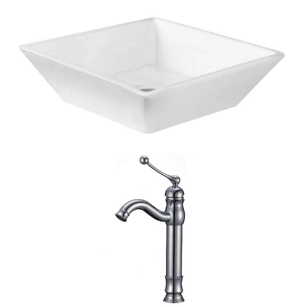 15.75-in. x 15.75-in. Square Bathroom Vessel Sink Set White Enamel Glaze