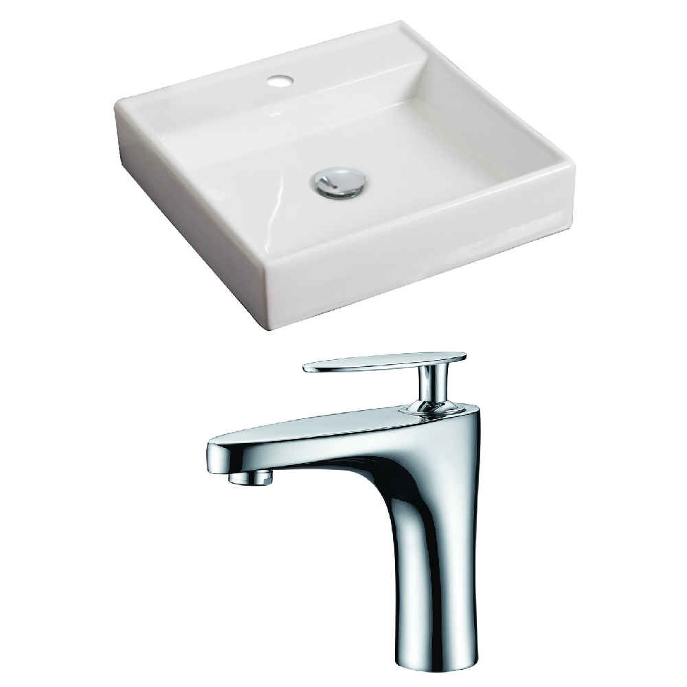 17.5-in. x 17.5-in. Square Bathroom Vessel Sink Set White Enamel Glaze