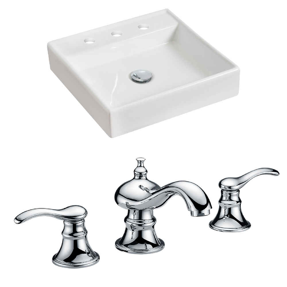 17.5-in. x 17.5-in. Square Bathroom Vessel Sink Set White Enamel Glaze