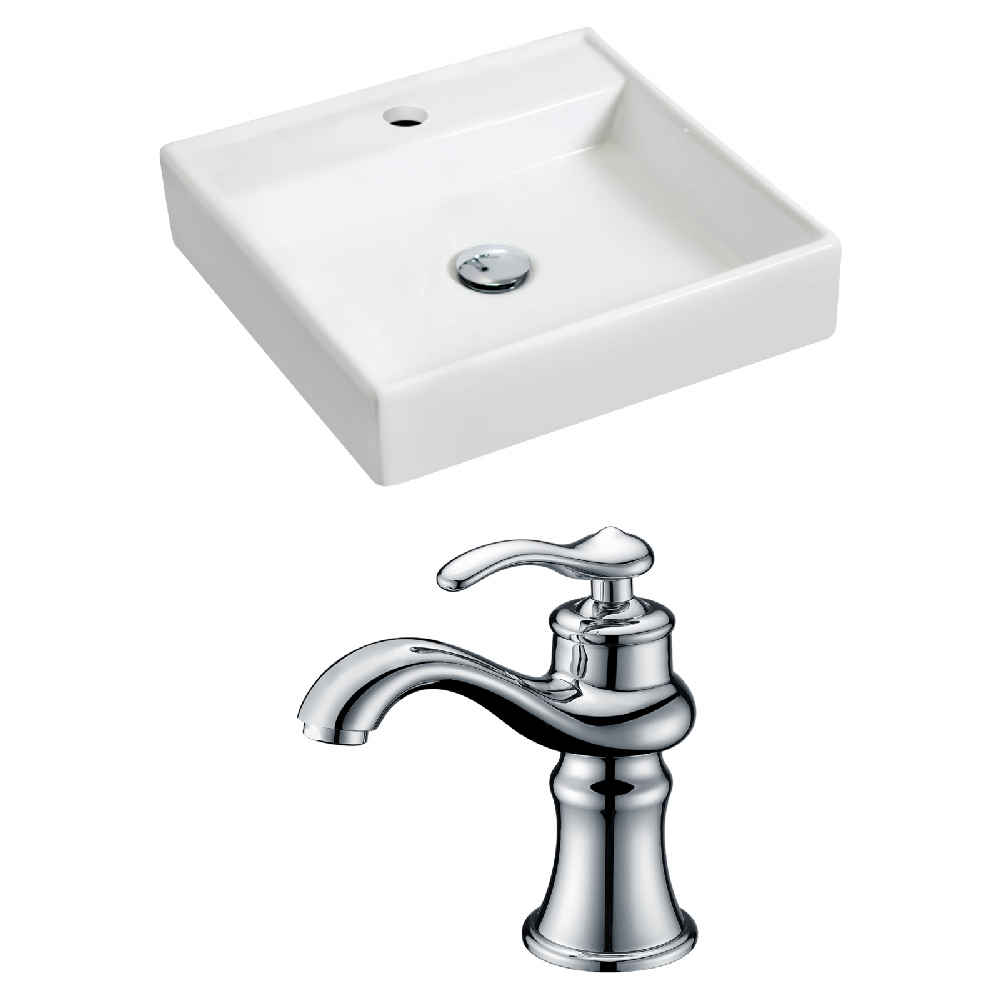 17.5-in. x 17.5-in. Square Bathroom Vessel Sink Set White Enamel Glaze