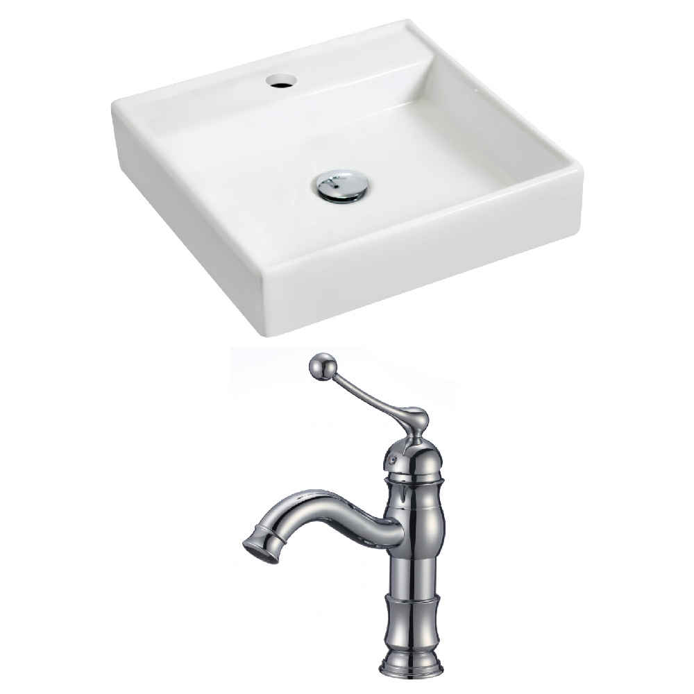 17.5-in. x 17.5-in. Square Bathroom Vessel Sink Set White Enamel Glaze