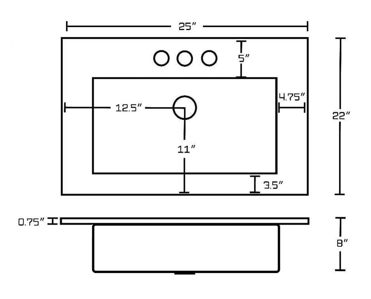 25-in. W 22-in. D Ceramic Top In White Color For 3H4-in. Faucet