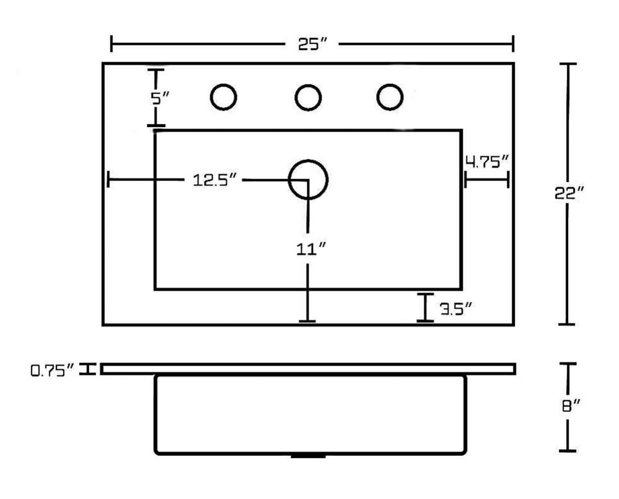 25-in. W 22-in. D Ceramic Top In White Color For 3H8-in. Faucet