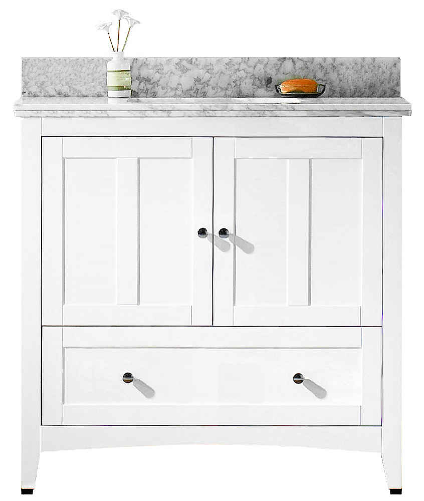 36-in. W Floor Mount White Vanity Set For 3H8-in. Drilling Bianca Carara Top Biscuit UM Sink
