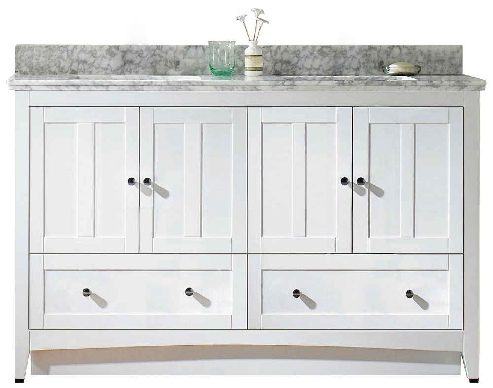 59-in. W Floor Mount White Vanity Set For 1 Hole Drilling Bianca Carara Top Biscuit UM Sink