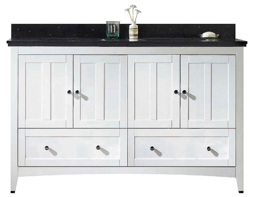 59-in. W Floor Mount White Vanity Set For 3H8-in. Drilling Black Galaxy Top Biscuit UM Sink