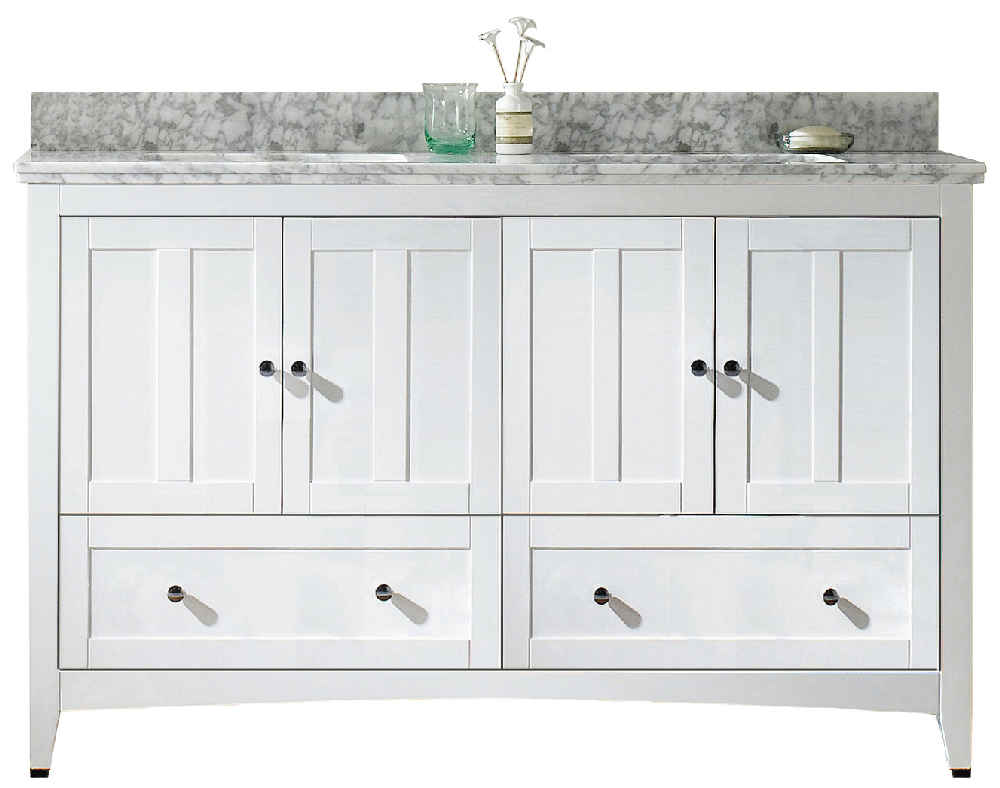 59-in. W Floor Mount White Vanity Set For 3H8-in. Drilling Bianca Carara Top Biscuit UM Sink