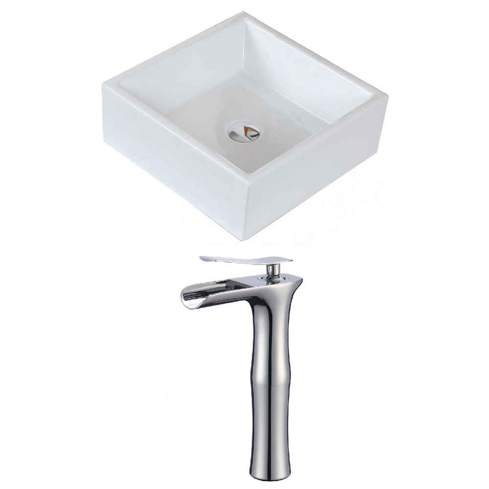 14.75-in. x 14.75-in. Square Bathroom Vessel Sink Set White Enamel Glaze