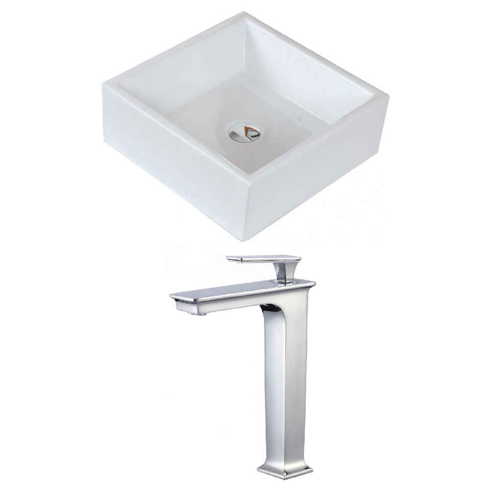 14.75-in. x 14.75-in. Square Bathroom Vessel Sink Set White Enamel Glaze