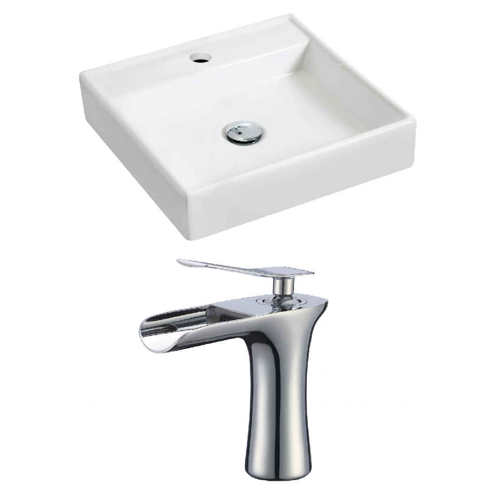 17.5-in. x 17.5-in. Square Bathroom Vessel Sink Set White Enamel Glaze