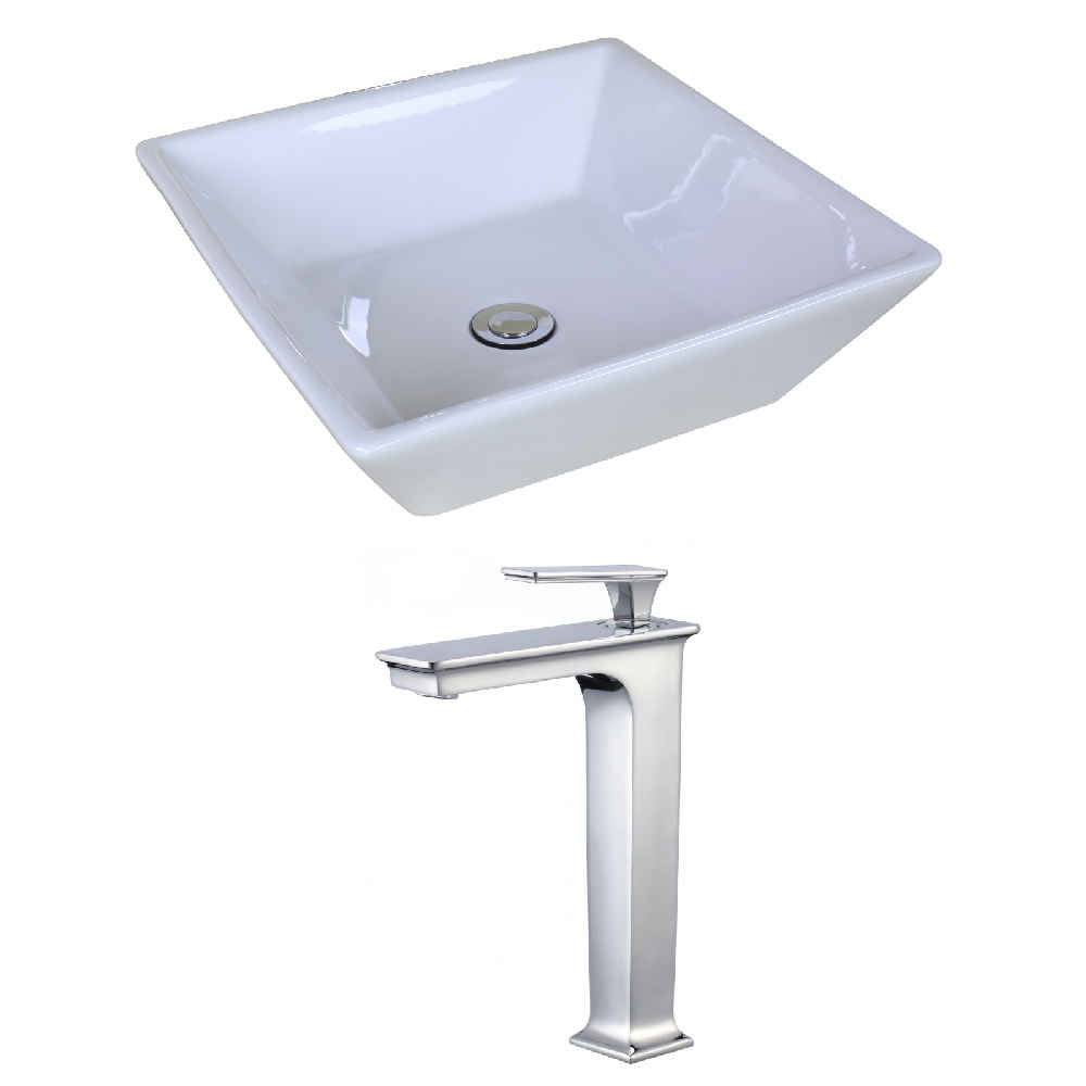 15.75-in. x 15.75-in. Square Bathroom Vessel Sink Set White Enamel Glaze