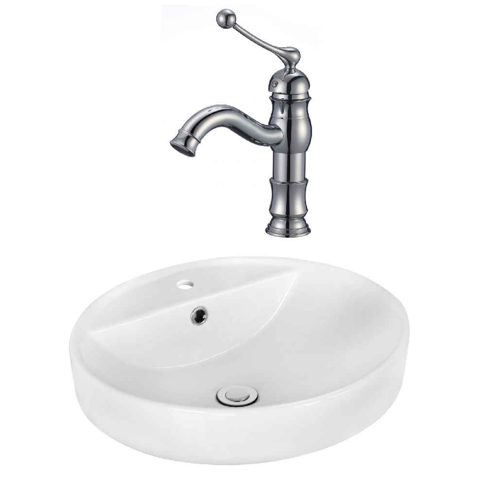 18.1-in. x 18.1-in. Round Bathroom Vessel Sink Set White Enamel Glaze