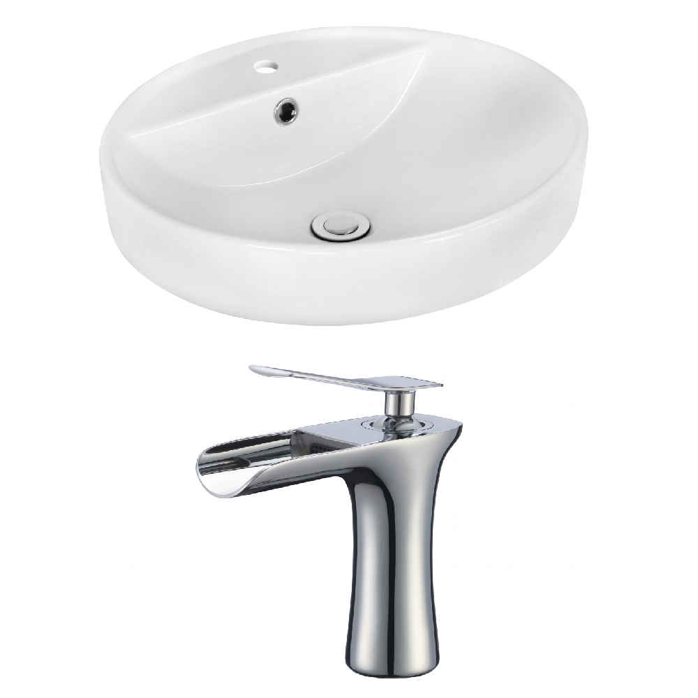 18.1-in. x 18.1-in. Round Bathroom Vessel Sink Set White Enamel Glaze