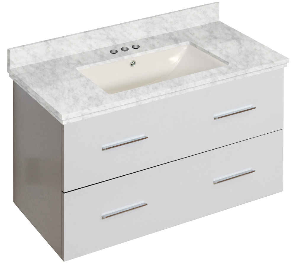 36-in. W Wall Mount White Vanity Set For 3H4-in. Drilling Bianca Carara Top Biscuit UM Sink