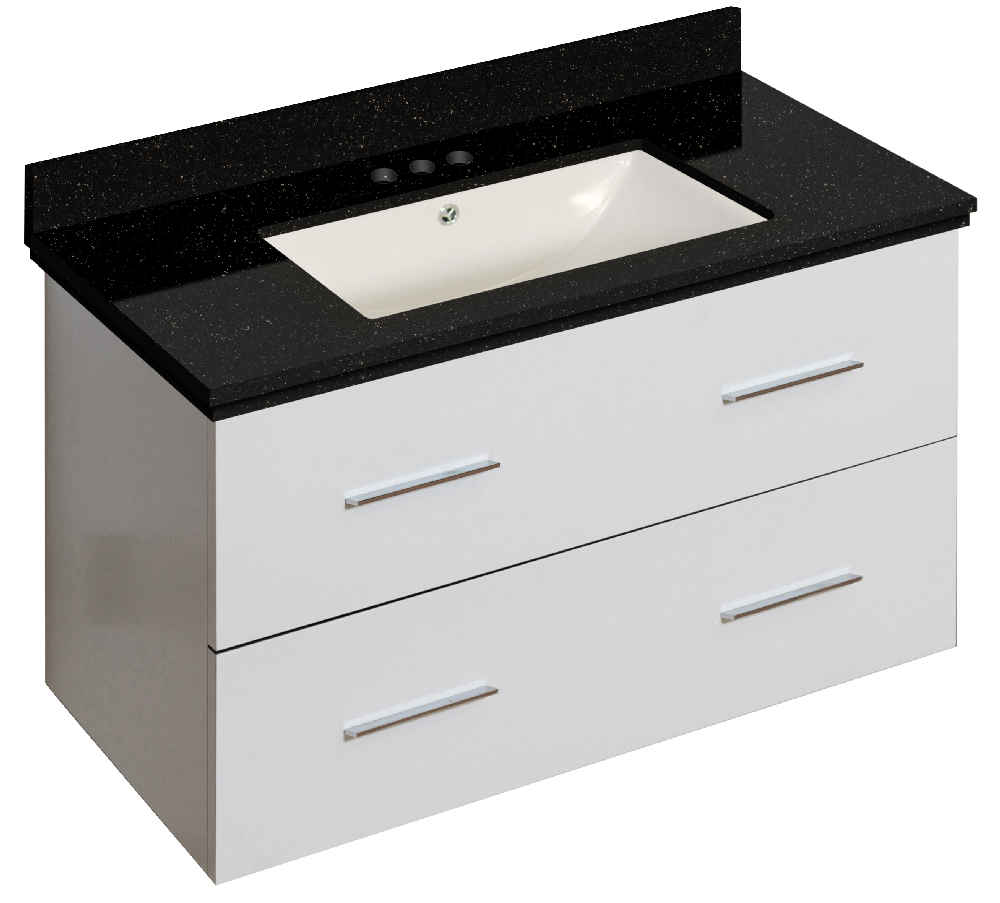36-in. W Wall Mount White Vanity Set For 3H4-in. Drilling Black Galaxy Top Biscuit UM Sink
