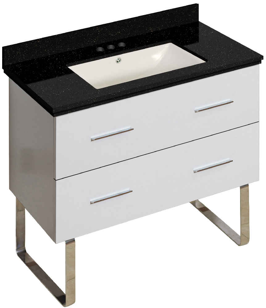 36-in. W Floor Mount White Vanity Set For 3H4-in. Drilling Black Galaxy Top Biscuit UM Sink