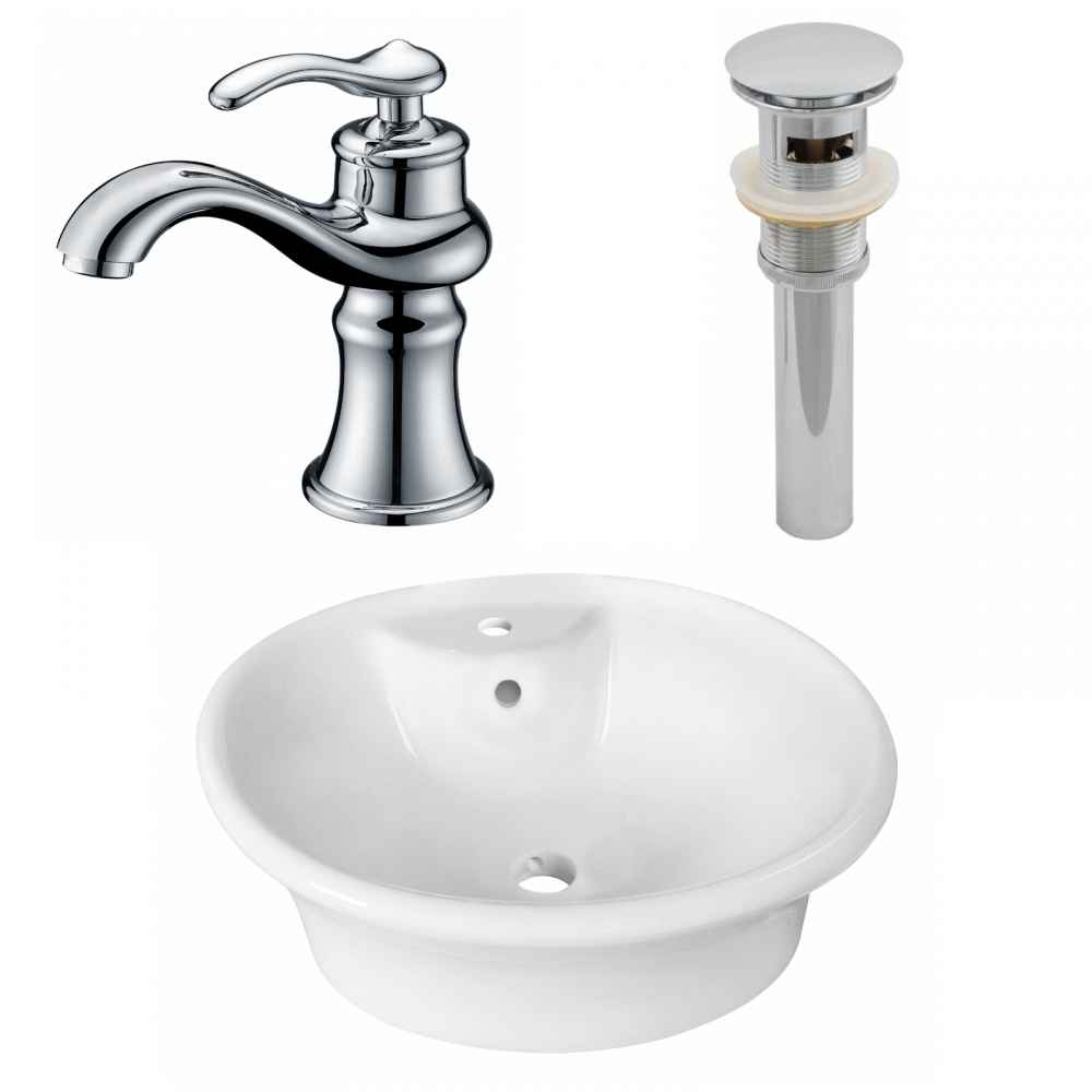 19-in. x 15.5-in. Round Bathroom Vessel Sink Set White Enamel Glaze