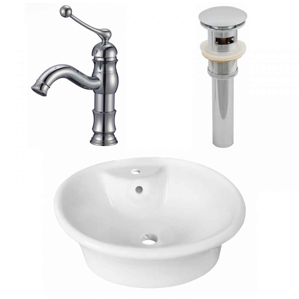 19-in. x 15.5-in. Round Bathroom Vessel Sink Set White Enamel Glaze
