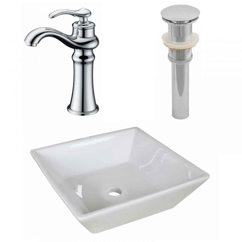 15.75-in. x 15.75-in. Square Bathroom Vessel Sink Set White Enamel Glaze