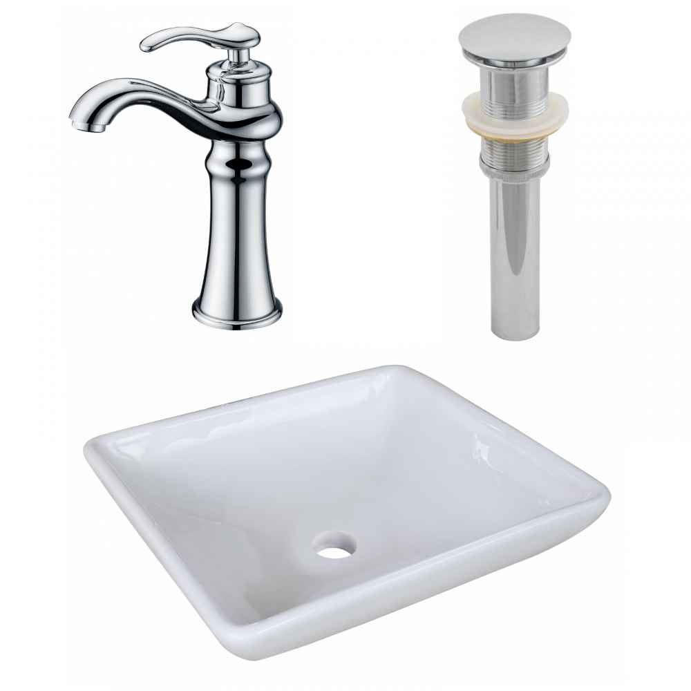 15.75-in. x 15.75-in. Square Bathroom Vessel Sink Set White Enamel Glaze