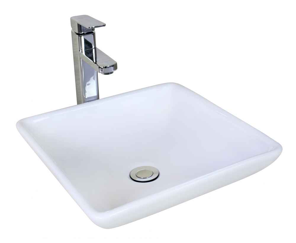 15.75-in. x 15.75-in. Square Bathroom Vessel Sink Set White Enamel Glaze