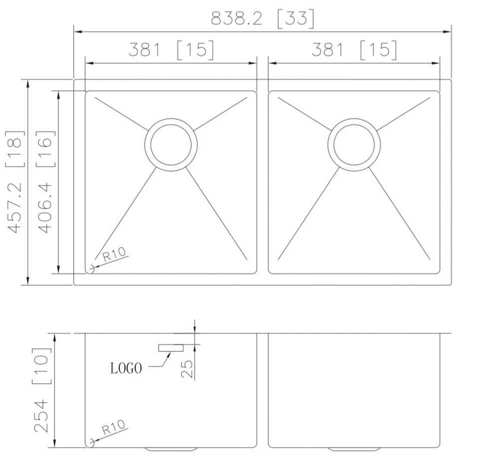 33-in. W CSA Approved Stainless Steel Kitchen Sink With 2 Bowl And 18 Gauge