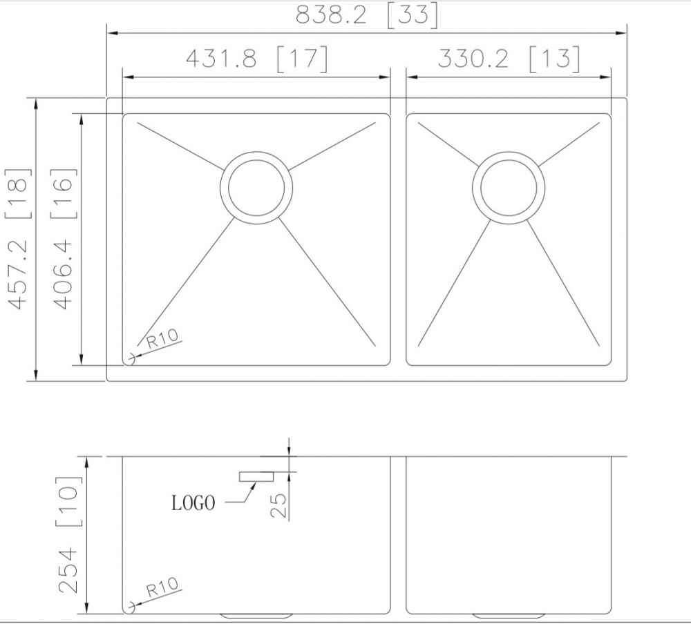 33-in. W CSA Approved Stainless Steel Kitchen Sink With 2 Bowl And 18 Gauge