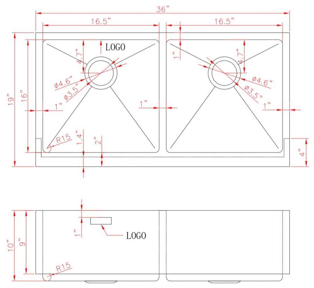 36-in. W CSA Approved Stainless Steel Kitchen Sink With 2 Bowl And 16 Gauge