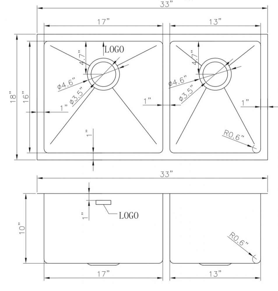 33-in. W CSA Approved Stainless Steel Kitchen Sink With 2 Bowl And 18 Gauge