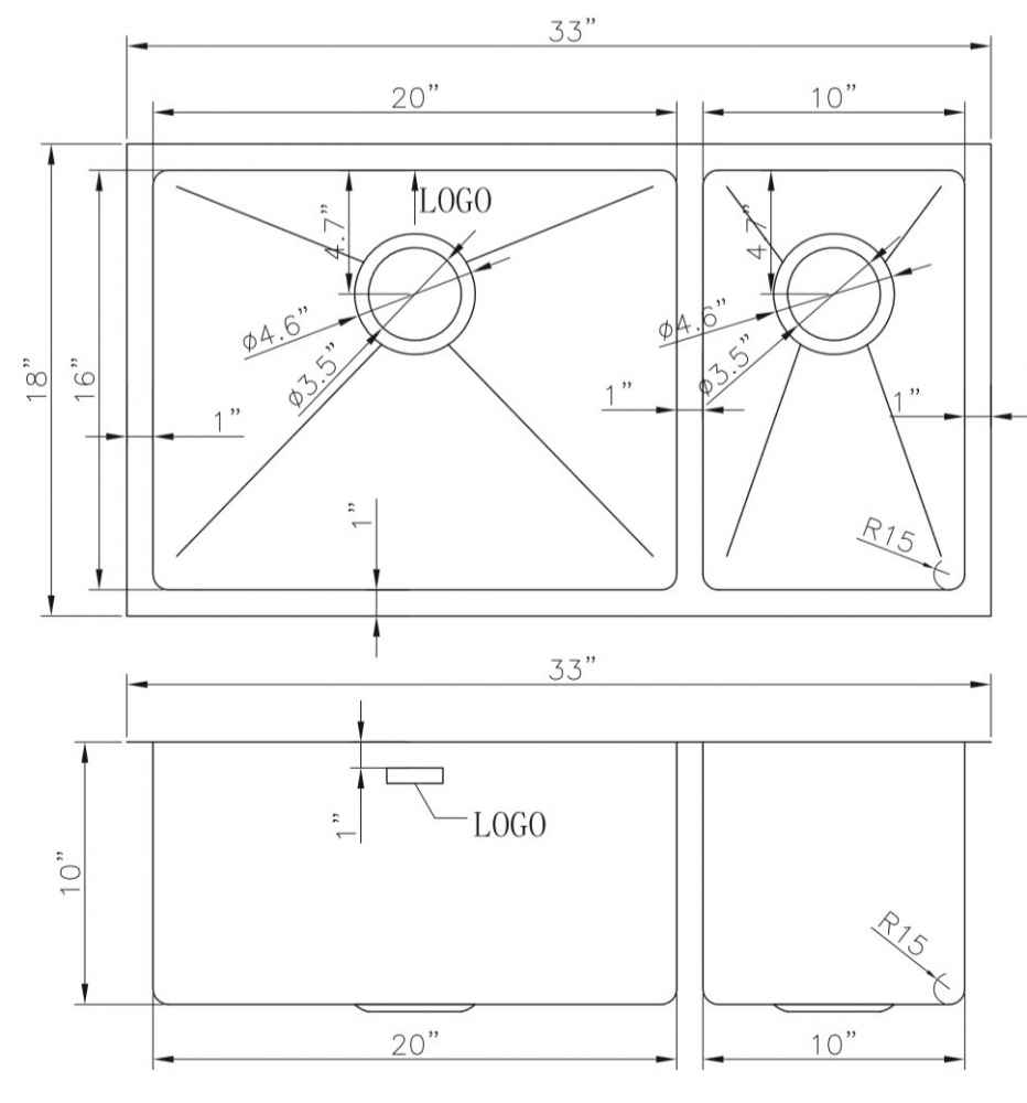 33-in. W CSA Approved Stainless Steel Kitchen Sink With 2 Bowl And 18 Gauge