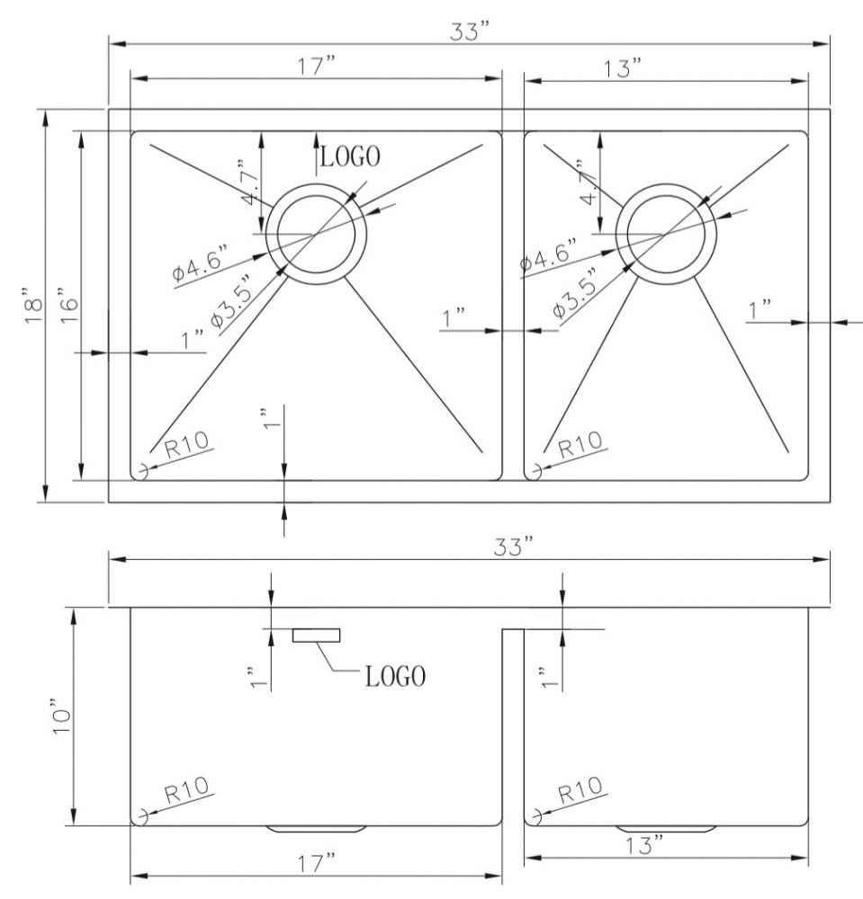33-in. W CSA Approved Stainless Steel Kitchen Sink With 2 Bowl And 18 Gauge