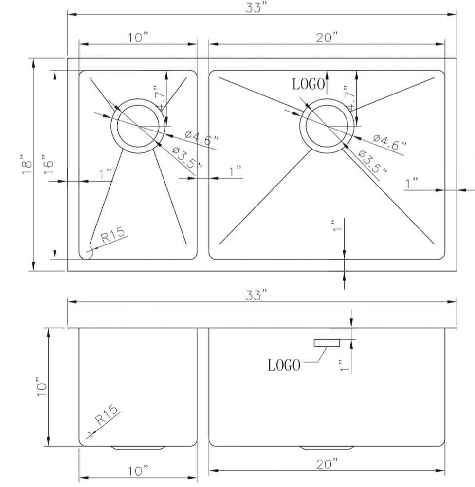 33-in. W CSA Approved Stainless Steel Kitchen Sink With 2 Bowl And 18 Gauge
