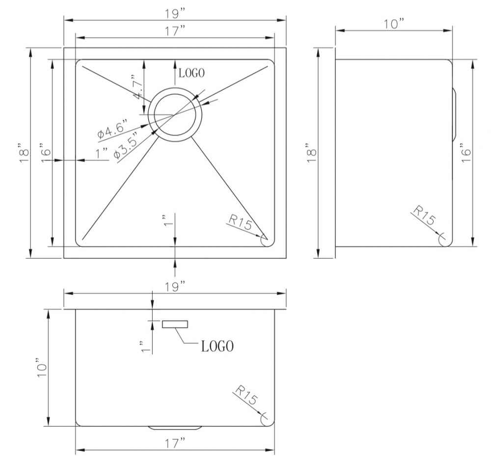 19-in. W CSA Approved Stainless Steel Kitchen Sink With 1 Bowl And 18 Gauge