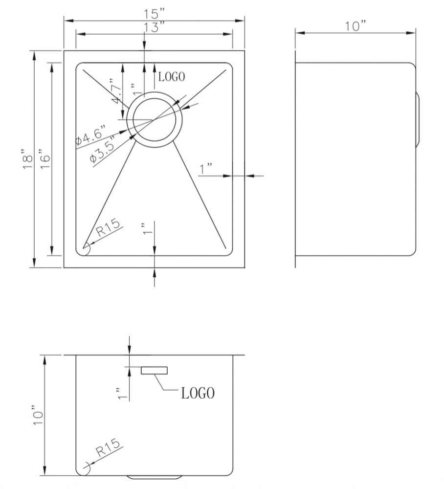 15-in. W CSA Approved Stainless Steel Kitchen Sink With 1 Bowl And 18 Gauge