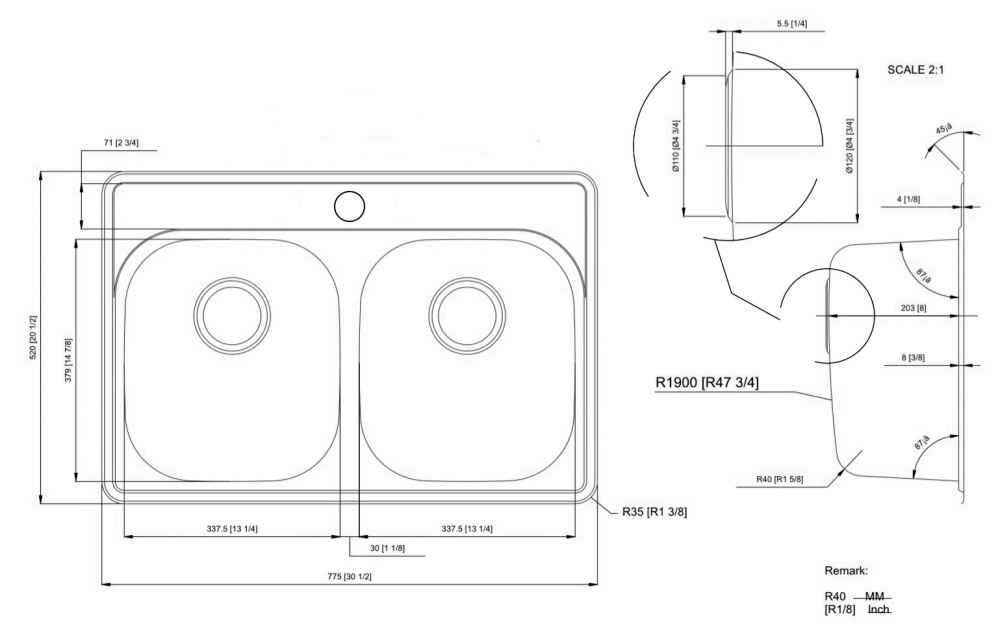 30.5-in. W CSA Approved Stainless Steel Kitchen Sink With 2 Bowl And 18 Gauge