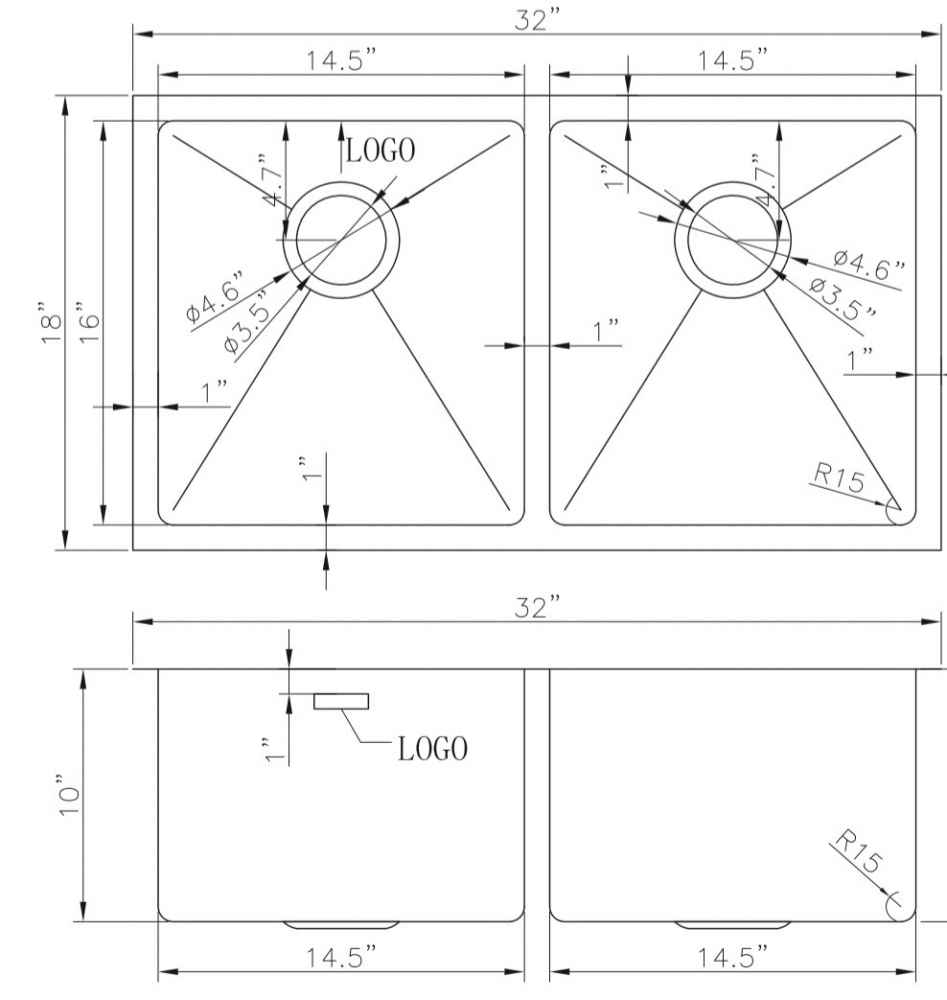 32-in. W CSA Approved Stainless Steel Kitchen Sink With 2 Bowl And 18 Gauge