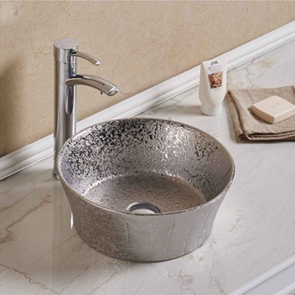 14.09-in. x 14.09-in. Round Bathroom Vessel Sink Silver Enamel Glaze