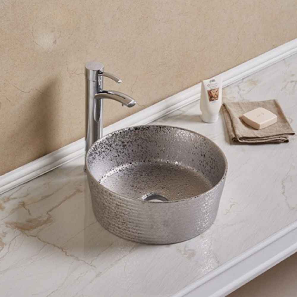 14.09-in. x 14.09-in. Round Bathroom Vessel Sink Silver Enamel Glaze
