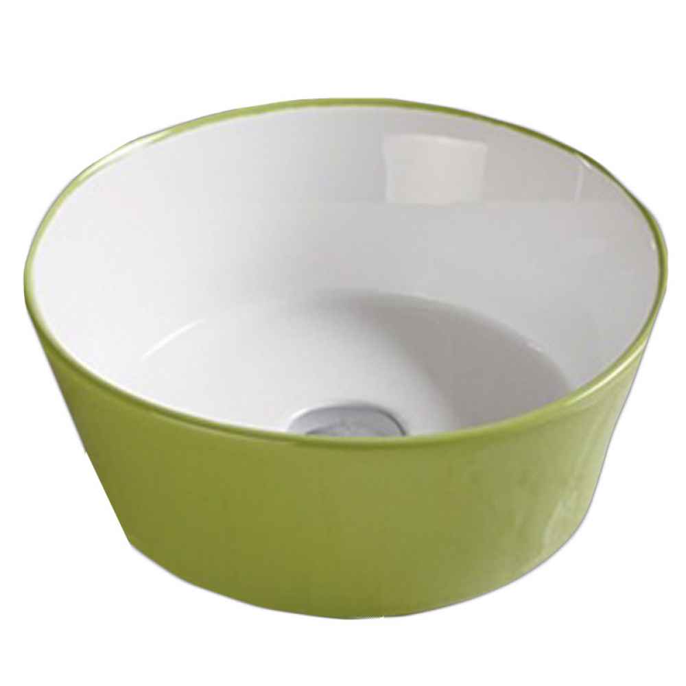14.09-in. x 14.09-in. Round Bathroom Vessel Sink Olive-White Enamel Glaze