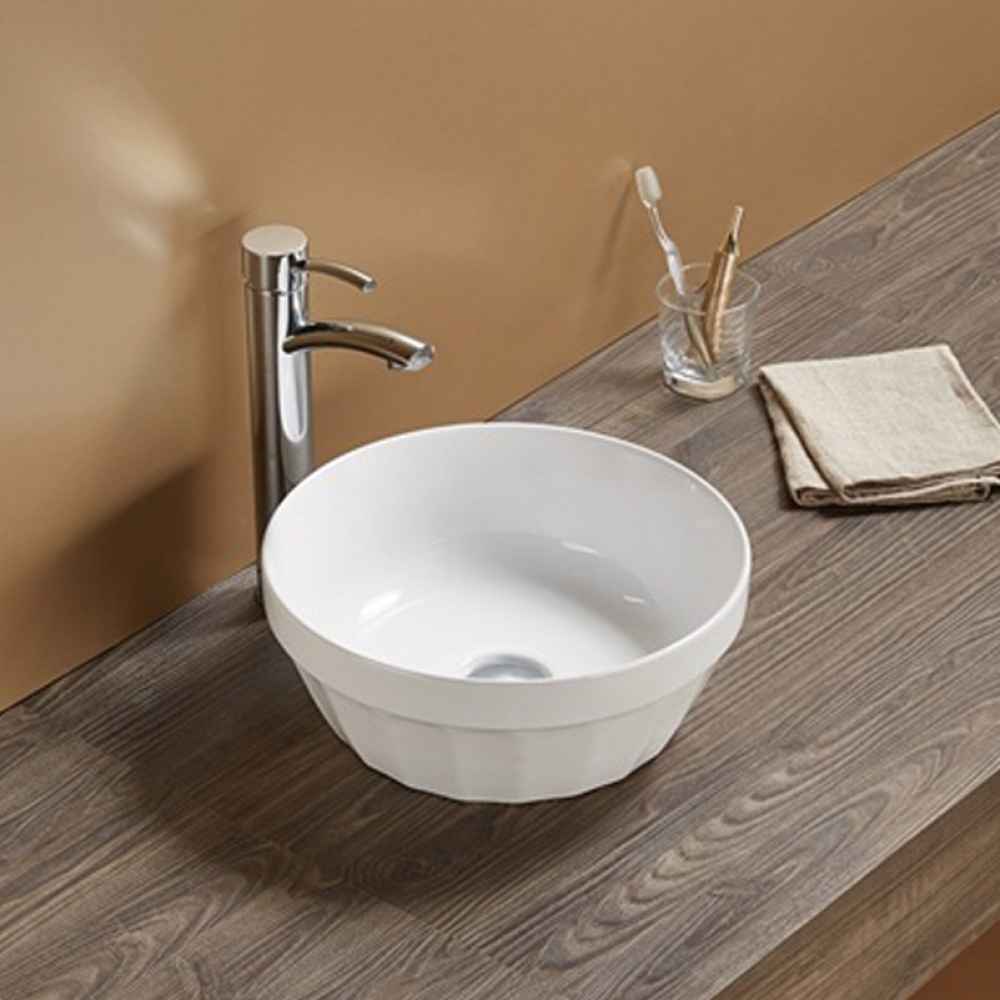 14.09-in. x 14.09-in. Round Bathroom Vessel Sink White Enamel Glaze