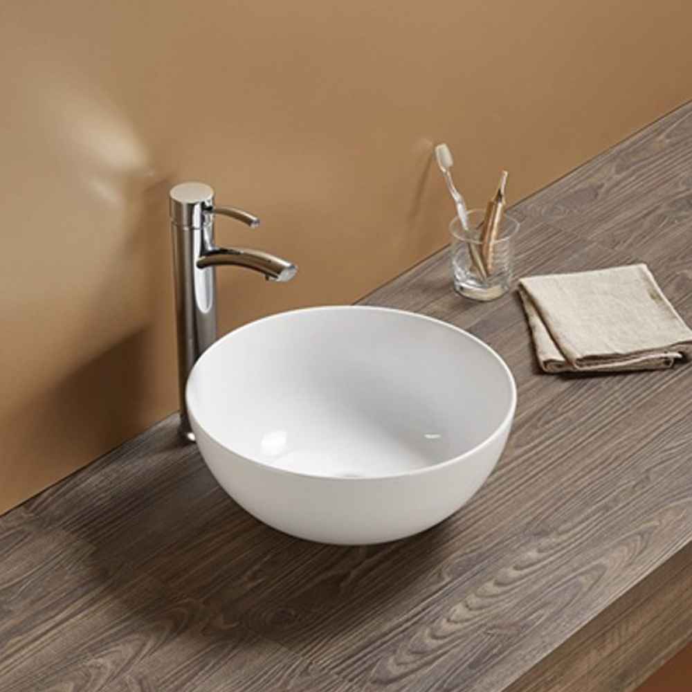 14.09-in. x 14.09-in. Round Bathroom Vessel Sink White Enamel Glaze