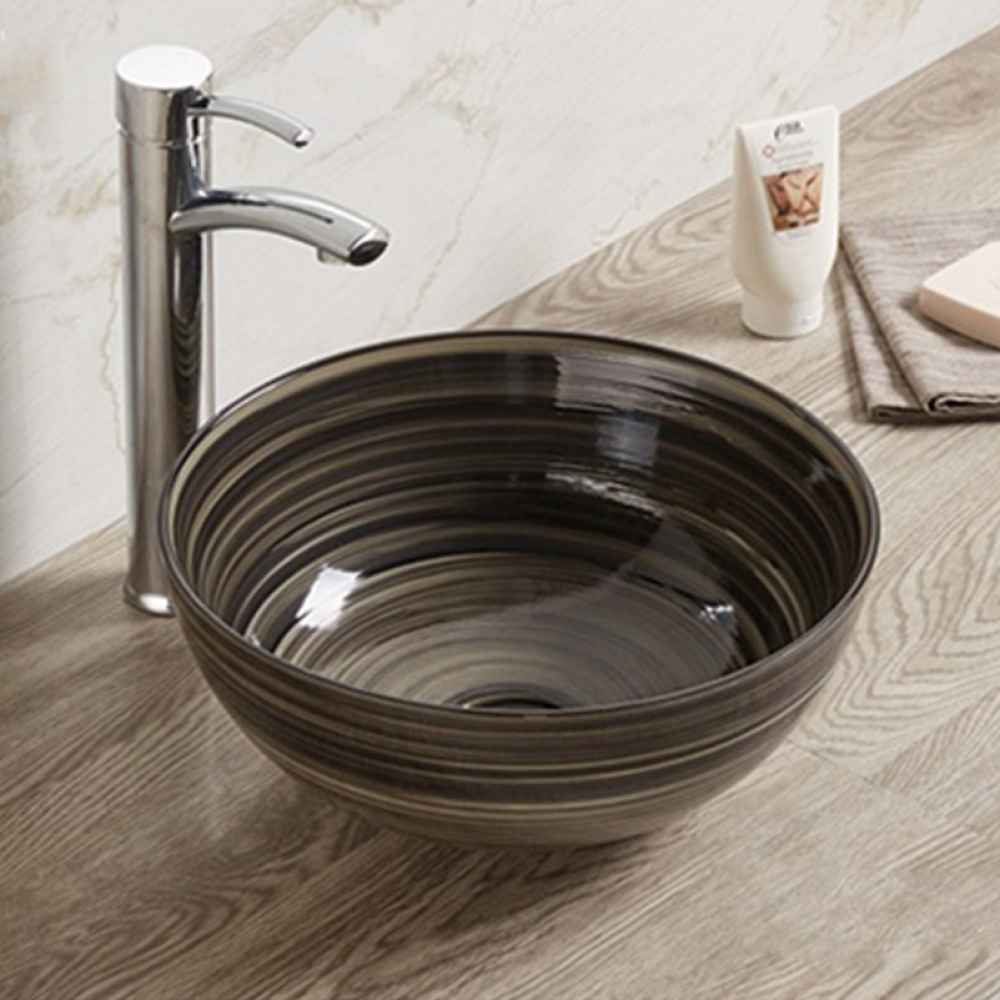 14.09-in. x 14.09-in. Round Bathroom Vessel Sink Black Swirl Enamel Glaze