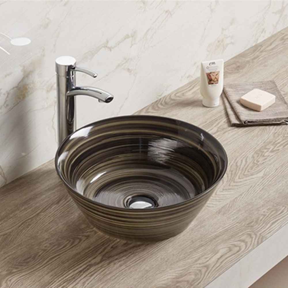 15.94-in. x 15.94-in. Round Bathroom Vessel Sink Black Swirl Enamel Glaze