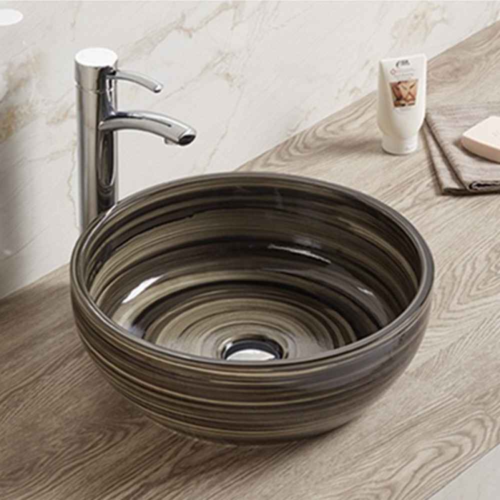 16.14-in. x 16.14-in. Round Bathroom Vessel Sink Black Swirl Enamel Glaze