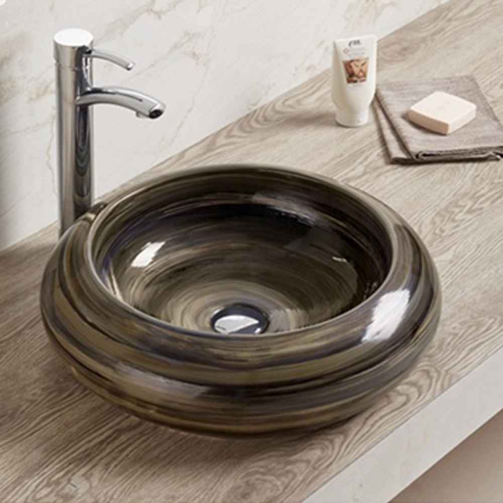 19.3-in. x 19.3-in. Round Bathroom Vessel Sink Black Swirl Enamel Glaze